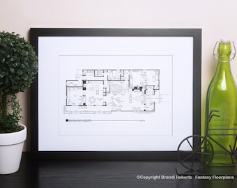 Brady Bunch House Floor Plan - TV Show Floor Plan - Black and White Art for Home of Carol & Mike Brady 1st Floor  *As Seen on AOL News