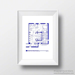 May include: Blue and white blueprint style floor plan of a one-bedroom apartment. The plan includes a living room, kitchen, bathroom, and bedroom. The text "Copyright Brandi Roberts" and "www.fantasyfloorplans.com" is at the bottom of the plan.