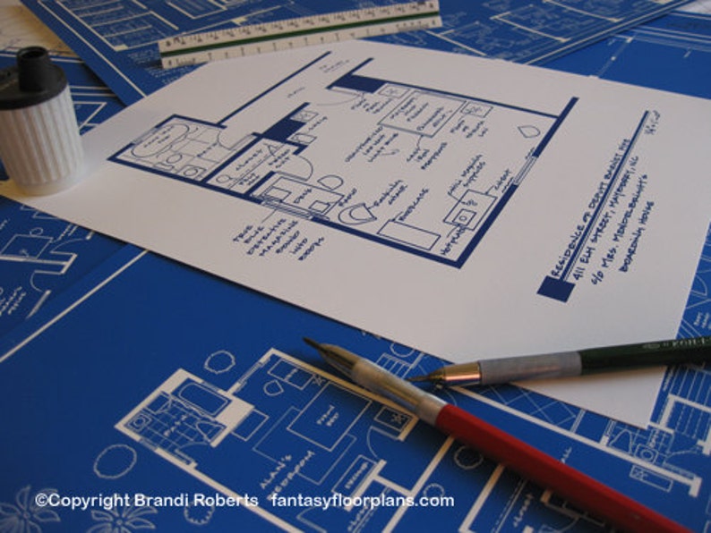 May include: A blueprint of a house floor plan with handwritten notes and the text "Residence of Deputy Bailiff, 411 Elm Street, Mayberry, NC, 40 Mrs. Modelbain's, bookkeeping help".