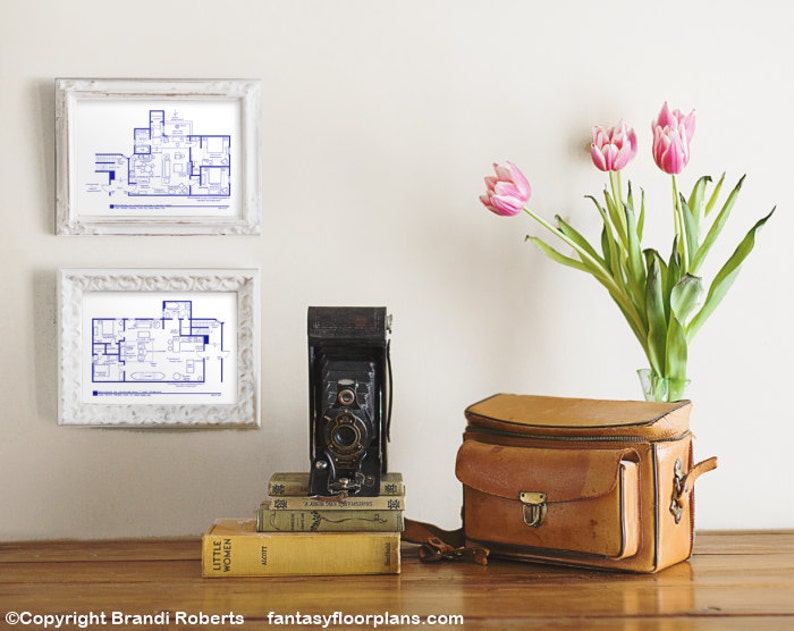 May include: Two framed blueprints of a house floor plan, a vintage camera, a leather camera bag, a stack of books, and a vase of pink tulips on a wooden table.
