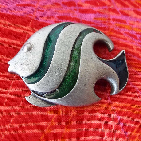 Vintage 1960's Fish Brooch Pin Signed L Razza (Luca Razza)  Pewter & Green Enamel Pin 1960 1970 Designer Jewellery Sea Ocean Themed Brooch