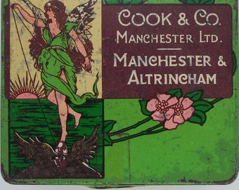 アンティーク ブリキ アールヌーボー クック＆カンパニー リング トラベラーズ ブリキ マンチェスター ストレージ ブリキ 紡績/織機産業 収集品 妖精デザイン 広告