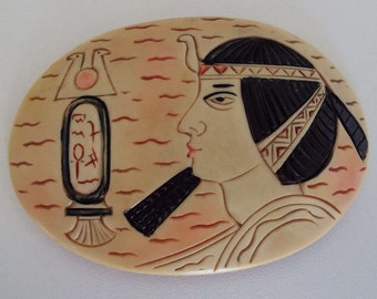 Vintage Egyptian Revival Celluloid Belt Buckle Cleopatra Belt Buckle Uraeus Serpent Oval Buckle Craft Sewing Collectable