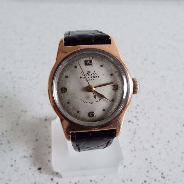 Vintage 1940's Mido Multifort Luxe Super Automatic Wristwatch Men's Watch 14k Rose Gold Capped