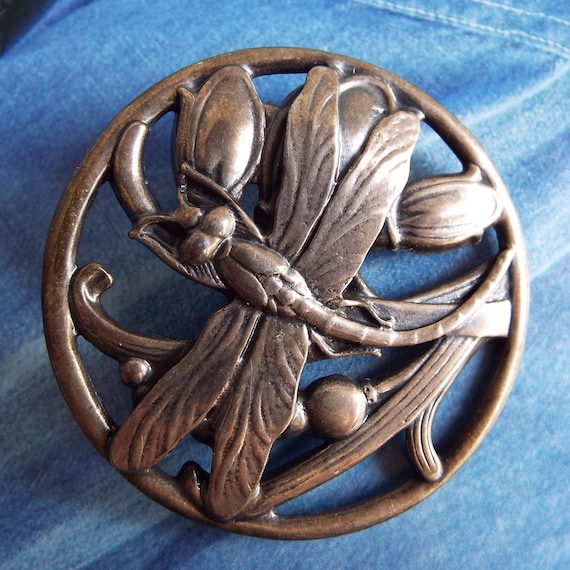 Vintage Dragonfly Brooch Pin Round Dragonfly Brooc