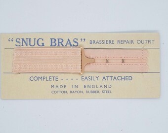 Vintage 1940-tals Snug-BH:ar, BH-reparation, outfit på original displaykort, BH-hjälp, förlängning, BH-hantverk, sömnad, underkläder, reparation