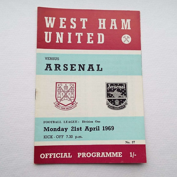 Vintage 1969 West Ham United Versus Arsenal Football Soccer Programme