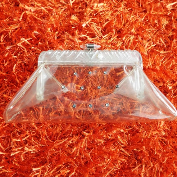 Vintage 1950's Lucite Plastic & Diamante Clutch Pu