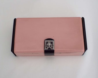 Vintage La Fonteyn Compact Minaudiere Purse Rouge Powder Lipstick Pink & Black Carryall Make-Up Cosmetic Vanity Evening Bag