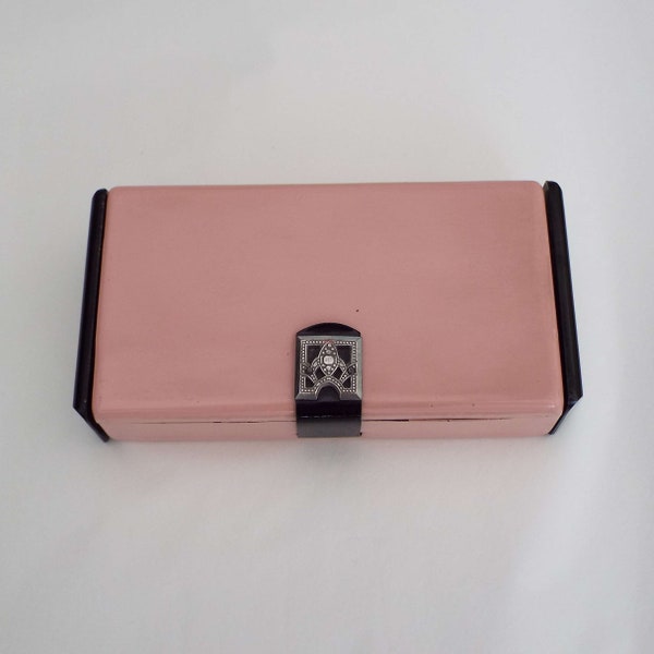 Vintage La Fonteyn Compact Minaudiere Geldbörse Rouge Puder Lippenstift Rosa & Schwarz Carryall Make-Up Kosmetik Eitelkeit Abendtasche