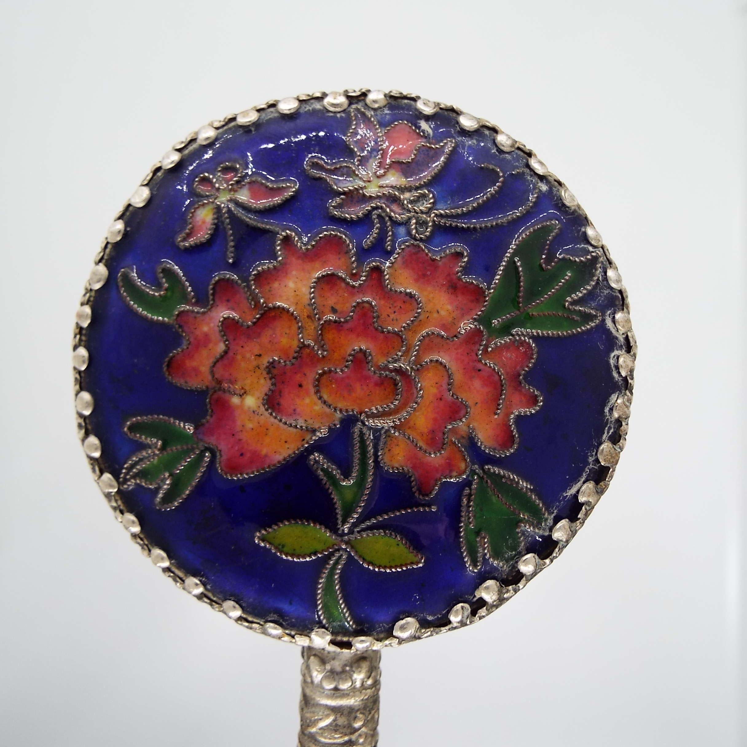 Vintage Asian Hand Held Mirror Jade Handle Porcelain Back