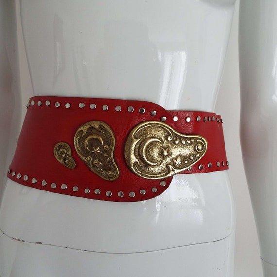 Vintage 1980's Red Leather & Brass Belt Soft Red L