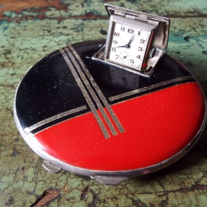 Seltene Art Deco Uhr Powder Compact 1930er Jahre Powder Compact Eitelkeitsaufbewahrung Red & Black Compact