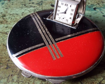 Rare Art Deco Clock Powder Compact 1930's Powder Compact Vanity Storage Red & Black Compact