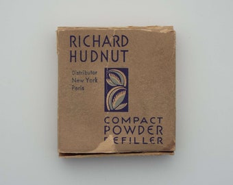 Raro recargador de polvo compacto Richard Hudnut vintage en caja original con almacenamiento de tocador sin usar Puff