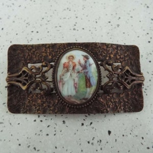 Antique Art Nouveau Copper & Cameo Brooch Pin Porcelain Cameo Courting Couple Scene Hammered Copper Scrolled Brooch Large Brooch