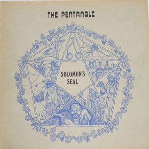 May include: A vintage print featuring the text "THE PENTANGLE" at the top. A blue illustration of Solomon's Seal is in the center, surrounded by a vine border. The seal contains various detailed drawings.