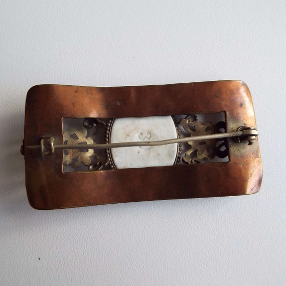 Antique Art Nouveau Copper & Cameo Brooch Pin Por… - image 3