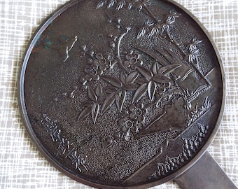 Antiker japanischer Handspiegel aus Bronze, Kagami Vogel & Blüten Design, Edo-Periode