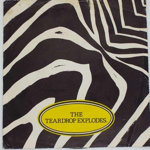 Può includere: Copertina di un album vintage con un audace motivo a strisce zebrate in bianco e nero. Un ovale giallo al centro mostra il testo "THE TEARDROP EXPLODES" in nero. La copertina ha un'estetica retrò.