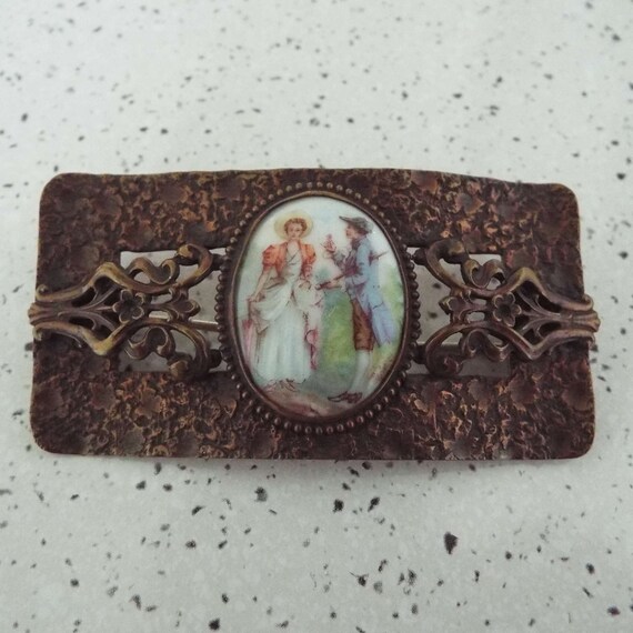 Antique Art Nouveau Copper & Cameo Brooch Pin Por… - image 7