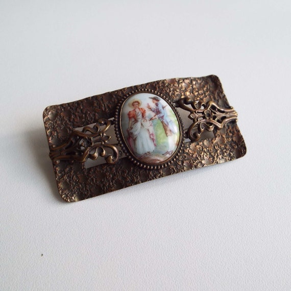 Antique Art Nouveau Copper & Cameo Brooch Pin Por… - image 5