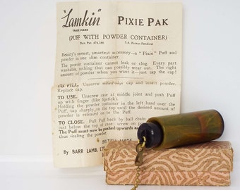 houppette vintage Art déco Lamkin Pixie Pak avec distributeur de poudre rare dans sa boîte d'origine et instructions fabriquées en Angleterre
