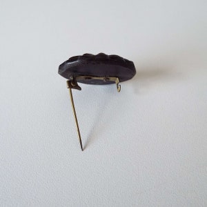 May include: A dark brown carved wooden brooch with a gold pin and clasp.
