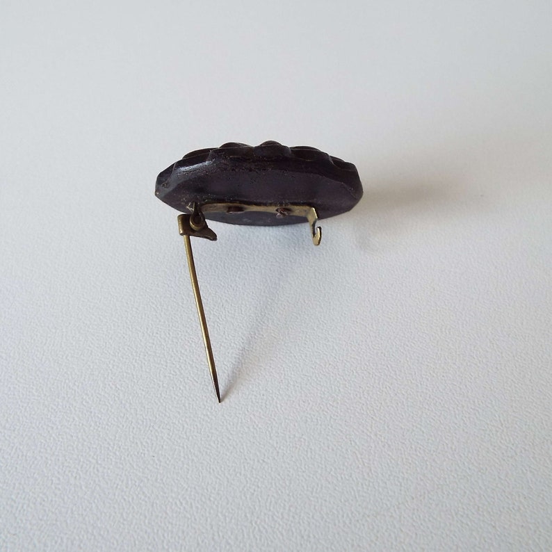 May include: A dark brown carved wooden brooch with a gold pin and clasp.