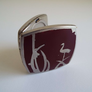 Vintage Art Deco Stratton&#39;s Self Compressing Powder Compact Chrome And Plum Enamel Bulrushes & Bird Design
