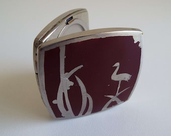 Vintage Art Deco Stratton&#39;s Self Compressing Powder Compact Chrome And Plum Enamel Bulrushes & Bird Design
