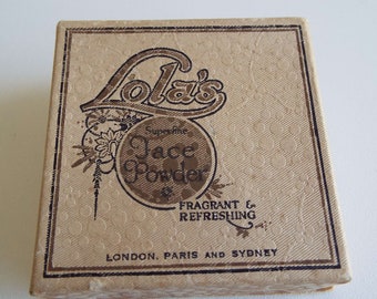 Rare Vintage 1940&#39;s Lola&#39;s Face Powder Box London Paris Sydney Superfine Face Powder Make-Up Vanity Item Unused Film Prop Display