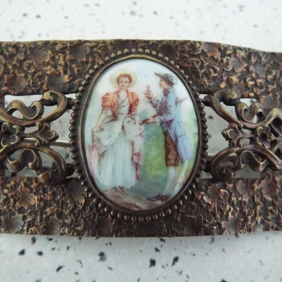 Antique Art Nouveau Copper & Cameo Brooch Pin Por… - image 2