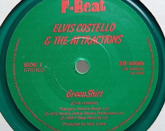 Vintage Vinyl Record 1985 Elvis Costello And The Attractions Green Shirt 7" Single 45rpm New Wave Rock Green Vinyl UK Pressing