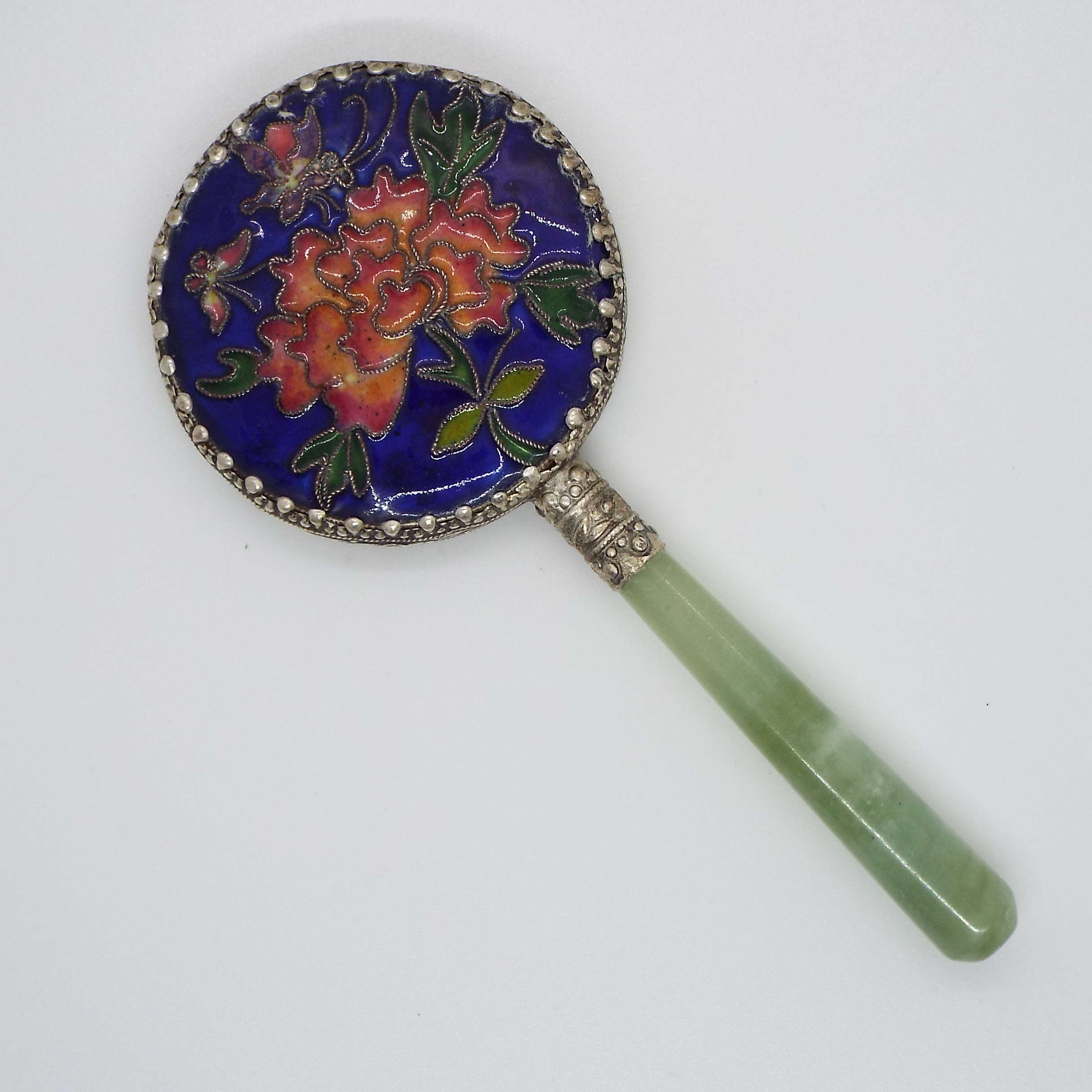 Vintage Asian Hand Held Mirror Jade Handle Porcelain Back