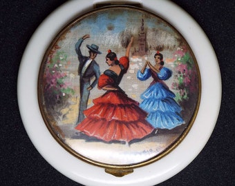 Vintage 1930's Celluloid Powder Compact Flamenco Dance Rubio Sevilla Region Spain Vanity Storage Seville