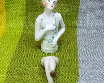 Vintage tysk halvdocka nålkudde, 1920-talets Flapper samlarobjekt