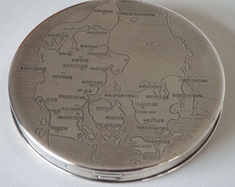 Vintage Powder Compact H J Plet Map Of Denmark Silver Plated Powder Compact Vanity Storage 1950's