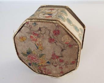 Antique 1920&#39;s Langlois Shari New York Powder Box Silk Powder Box Cherry Blossom Butterflies Vanity Storage Book Piece