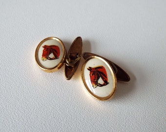 Vintage Art Deco Gilt & Celluloid Cufflinks Horse Cufflinks Equine Cuff links Suit Accessory Men's Cufflinks Animal Cufflinks