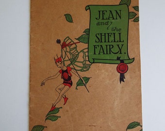 Libro infantil vintage de 1930 "Jean y el Hada de las Conchas", publicidad del aceite de motor australiano Shell.