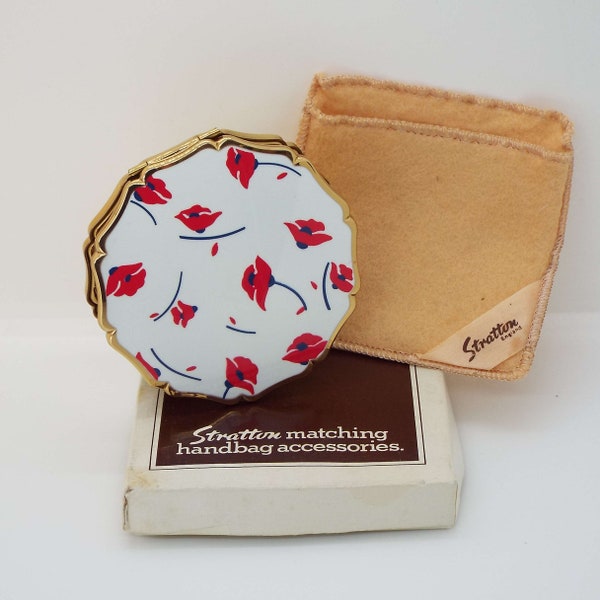 Vintage Stratton Powder Compact In Box Unused Vanity Storage Poppies Flower Design 1970's - 1980's Powder Compact