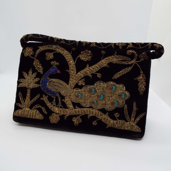 Vintage Zardozi Handbag Purse Black Velvet Embroi… - image 8