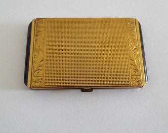 Vintage 1950&#39;s Evans Powder Compact Gold Tone Scroll Pattern & Black Vanity Compact Make-Up Cosmetics