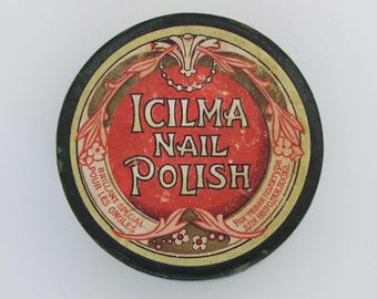 Pote de esmalte Icilma antigo raro, armazenamento de vaidade, pote de madeira Art Nouveau, cuidados com as unhas, esmalte vintage da Primeira Guerra Mundial, Treen