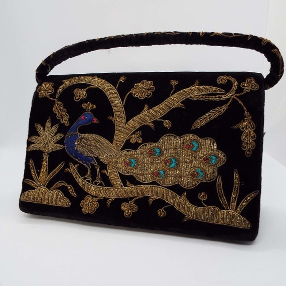 Vintage Zardozi Handbag Purse Black Velvet Embroi… - image 1