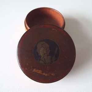 Antique Treen Wooden Lidded Pot Decorated With Lady & Vanity Mirror