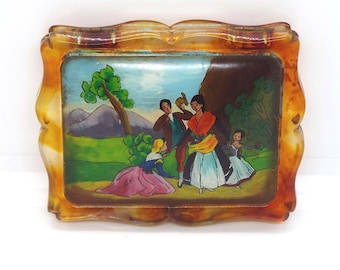 Antique 1920's  Faux Tortoiseshell Hand Painted Plastic Powder Compact With Historical Scene Book Piece