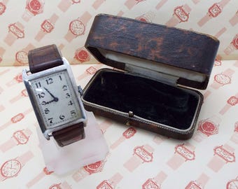 Vintage Art Deco 1920-tals 925 silverfodral Tankklocka i originalask armbandsur manuellt uppdraget Art Deco-klocka fungerar