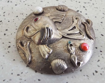Vintage Brooch Pin Fish Brooch Seashells Mermaid Nautical Sea Ocean Themed Brooch Novelty Pin Large Brooch Angel Fish